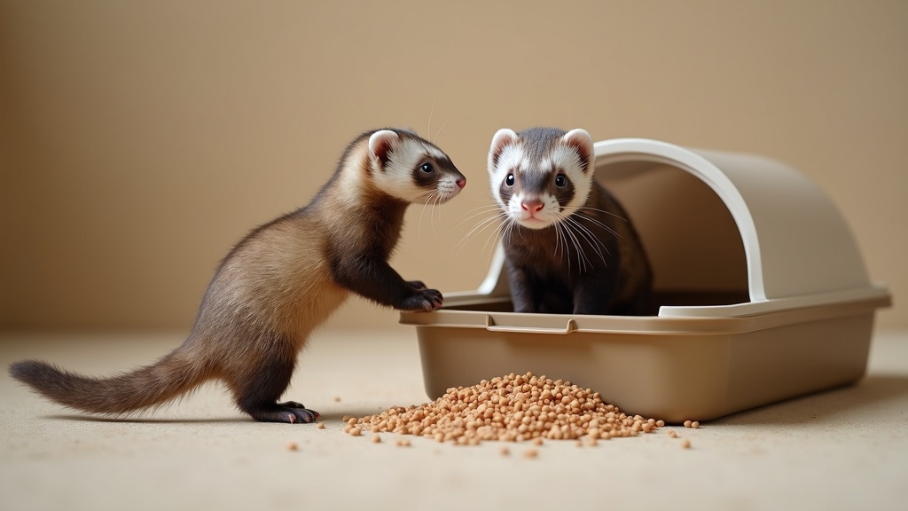 Ferret using a clean litter box with fresh litter